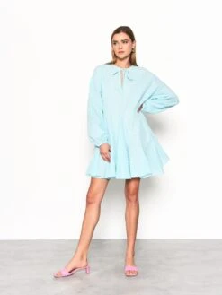 Glamorous Turquoise Gingham Long Sleeve Mini Dress -Cheap Softly Dressed Store TM0187A 3