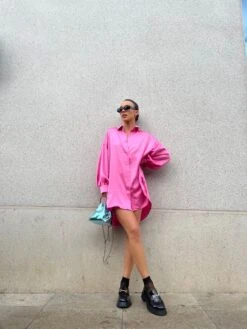 Pink Sateen Oversized Mini Shirt-Dress