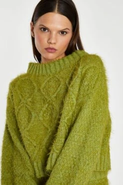 Glamorous Grass-Green Cable-Knit Long Sleeve Jumper