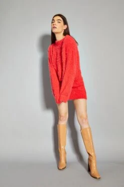 Glamorous Coral Red Knitted Mini Skirt -Cheap Softly Dressed Store TM0249A BS80 04