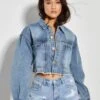 Glamorous Womens Dark Bleach Wash Denim Cropped Jacket.