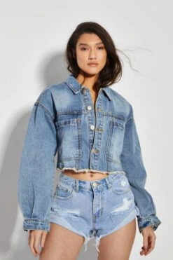 Glamorous Womens Dark Bleach Wash Denim Cropped Jacket.