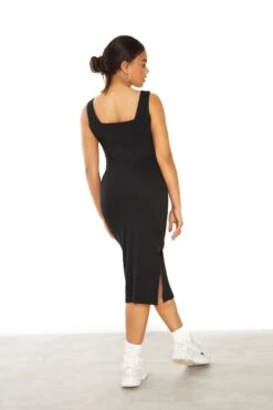 Glamorous Black Square Neck Midi Dress With Side Split -Cheap Softly Dressed Store TM0550 BK 03