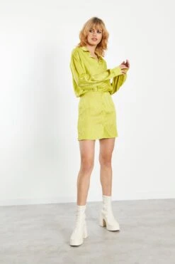 Glamorous Lime Satin Jacquard Tailored Mini Shirt Dress -Cheap Softly Dressed Store TM0689 DA31 03