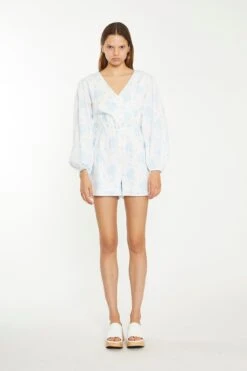 Glamorous Blue Wallpaper Floral Wrap Playsuit