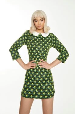 Glamorous Green Multi White Mini Dress With Long Sleeves & Curved Collar