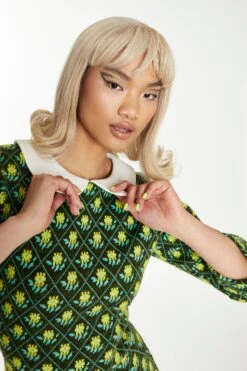 Glamorous Green Multi White Mini Dress With Long Sleeves & Curved Collar -Cheap Softly Dressed Store TM0714 DD04 04