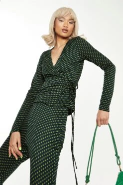 Glamorous Navy Green Daisy Geo Long Sleeve Wrap Top