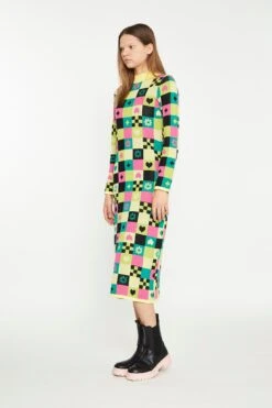 Glamorous Yellow Green Multi Tile Knitted Midi Dress -Cheap Softly Dressed Store TM0805 DG49 03