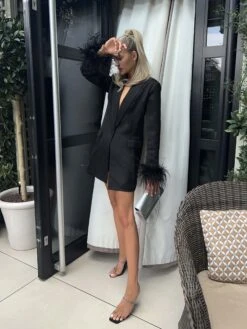 Glamorous Black Satin Boxy Blazer Dress With Feather Trim