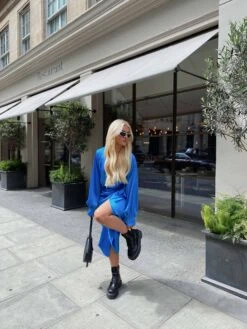 Glamorous Blue Aster Satin Long Sleeve Wrap Dress -Cheap Softly Dressed Store TM0914 DG30 03