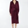 Glamorous Deep Burgundy Satin Long-Sleeve Wrap Midi-Dress