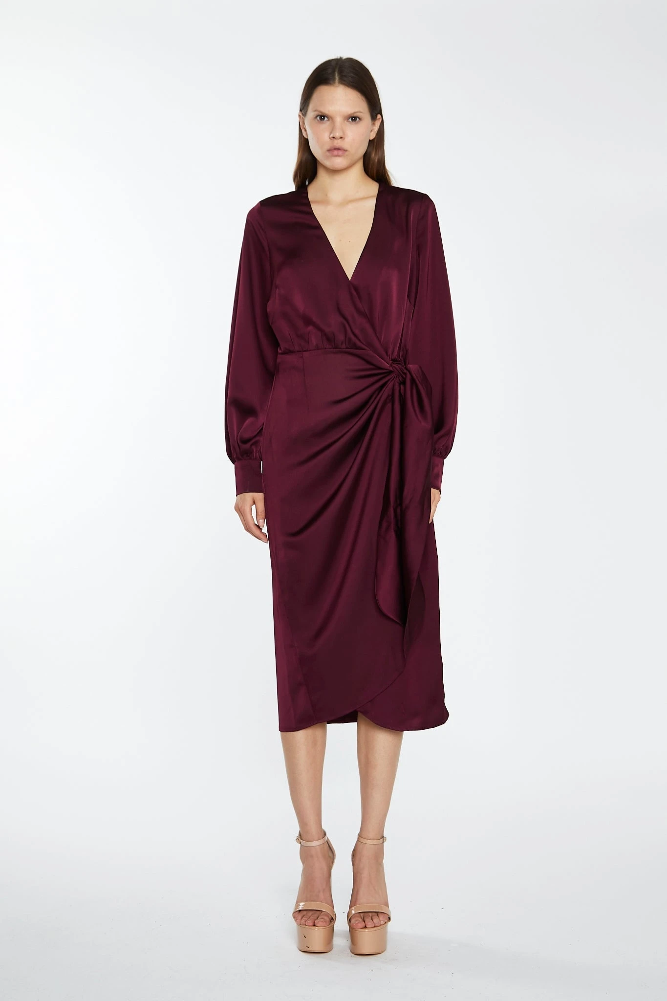 Glamorous Deep Burgundy Satin Long-Sleeve Wrap Midi-Dress 1 Glamorous Deep Burgundy Satin Long-Sleeve Wrap Midi-Dress