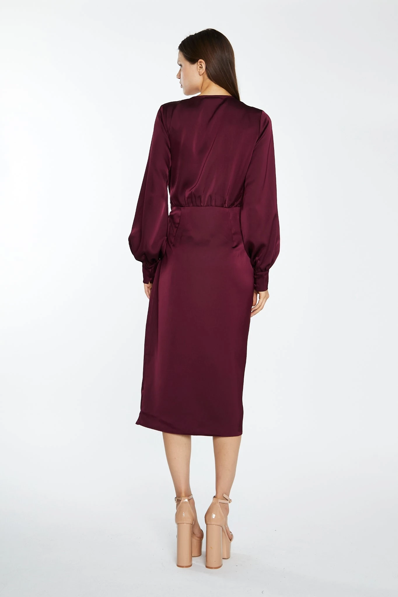 Glamorous Deep Burgundy Satin Long-Sleeve Wrap Midi-Dress 2 Glamorous Deep Burgundy Satin Long-Sleeve Wrap Midi-Dress - Image 2
