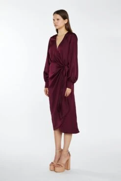 Glamorous Deep Burgundy Satin Long-Sleeve Wrap Midi-Dress 7 Glamorous Deep Burgundy Satin Long-Sleeve Wrap Midi-Dress -Cheap Softly Dressed Store TM0914 DL47 03