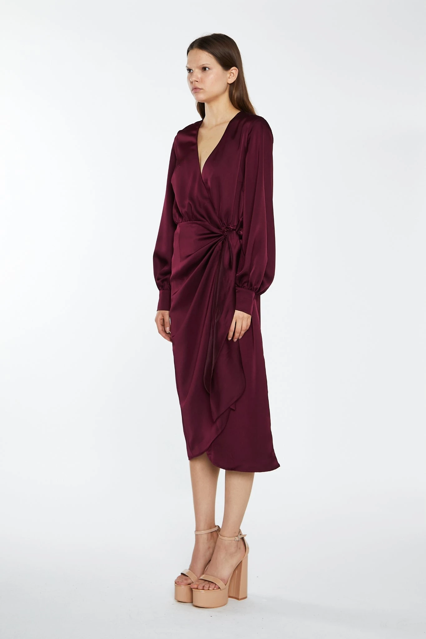 Glamorous Deep Burgundy Satin Long-Sleeve Wrap Midi-Dress 4 Glamorous Deep Burgundy Satin Long-Sleeve Wrap Midi-Dress - Image 4
