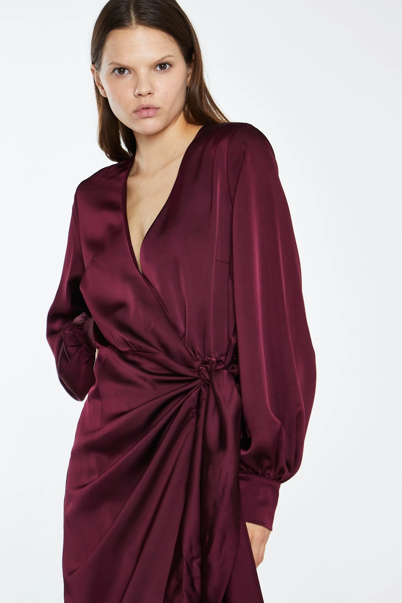 Glamorous Deep Burgundy Satin Long-Sleeve Wrap Midi-Dress 3 Glamorous Deep Burgundy Satin Long-Sleeve Wrap Midi-Dress - Image 3