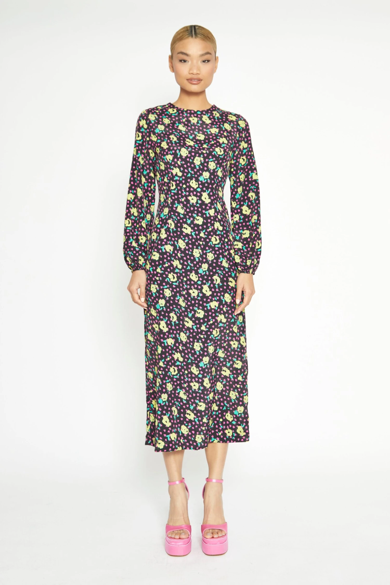 Glamorous Black Multi Rose Long Sleeve Midi Dress 1 Glamorous Black Multi Rose Long Sleeve Midi Dress