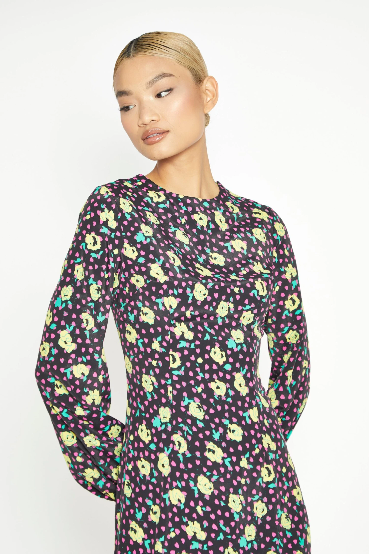 Glamorous Black Multi Rose Long Sleeve Midi Dress 3 Glamorous Black Multi Rose Long Sleeve Midi Dress - Image 3