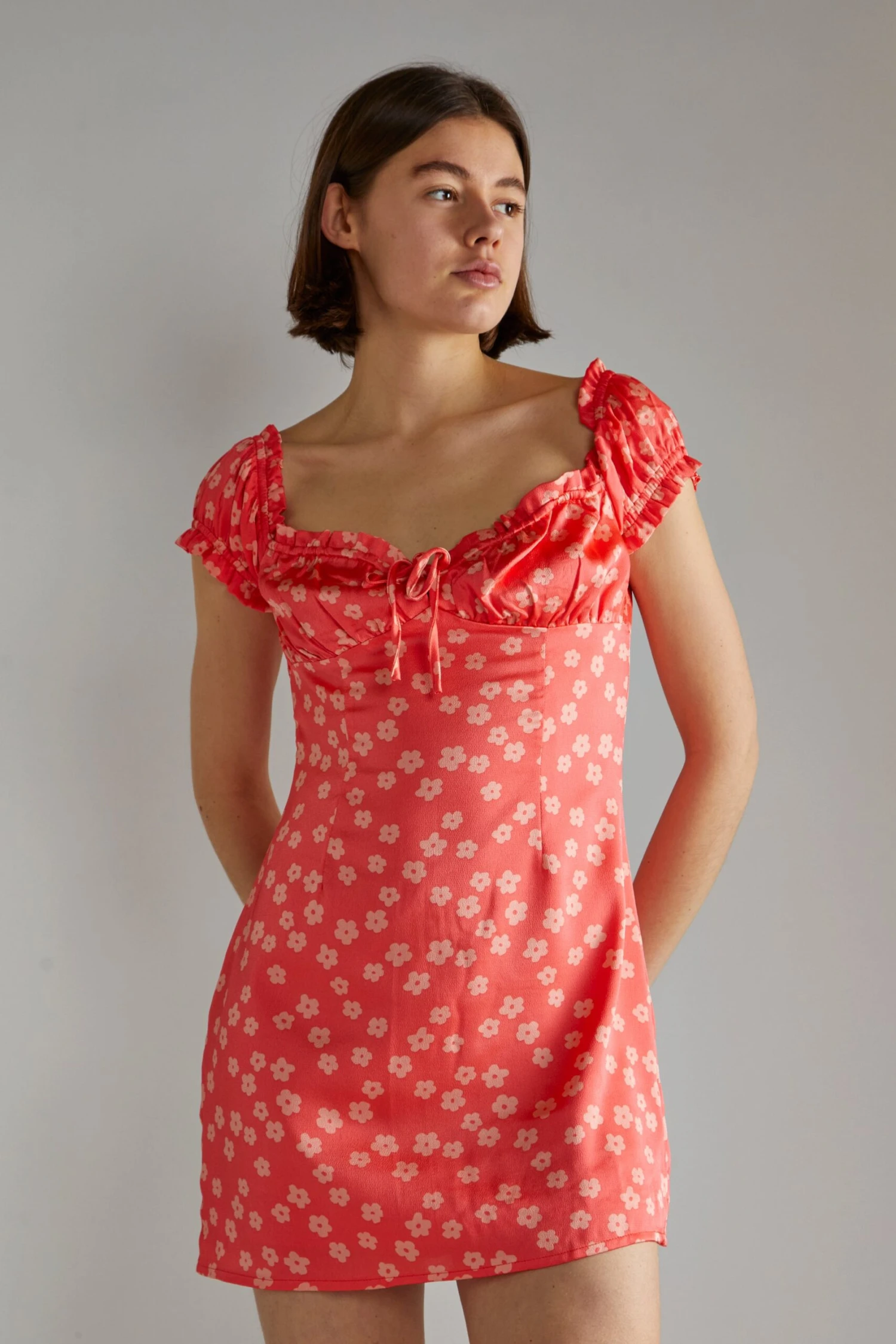 Glamorous Coral-Pink Daisy Milkmaid Mini-Dress 1 Glamorous Coral-Pink Daisy Milkmaid Mini-Dress