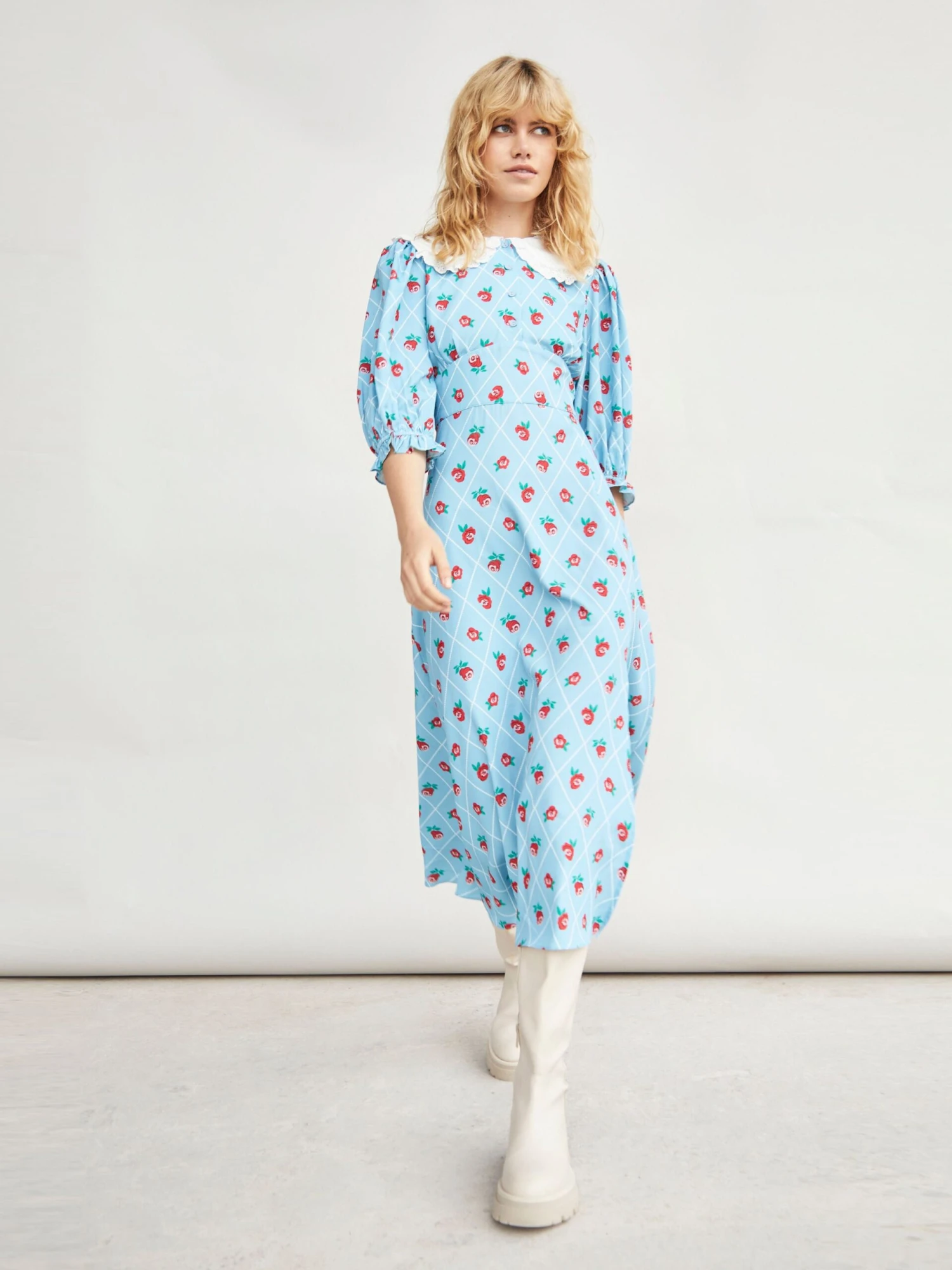 Glamorous Rose Trellis Pattern White Collar Midi Dress 4 Glamorous Rose Trellis Pattern White Collar Midi Dress - Image 4