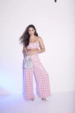 Glamorous Cher Co-ord Diamante Trim Crop Top - Pink Check Sequin