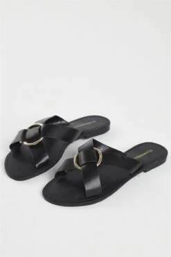 Glamorous Black PU Flat Sandals