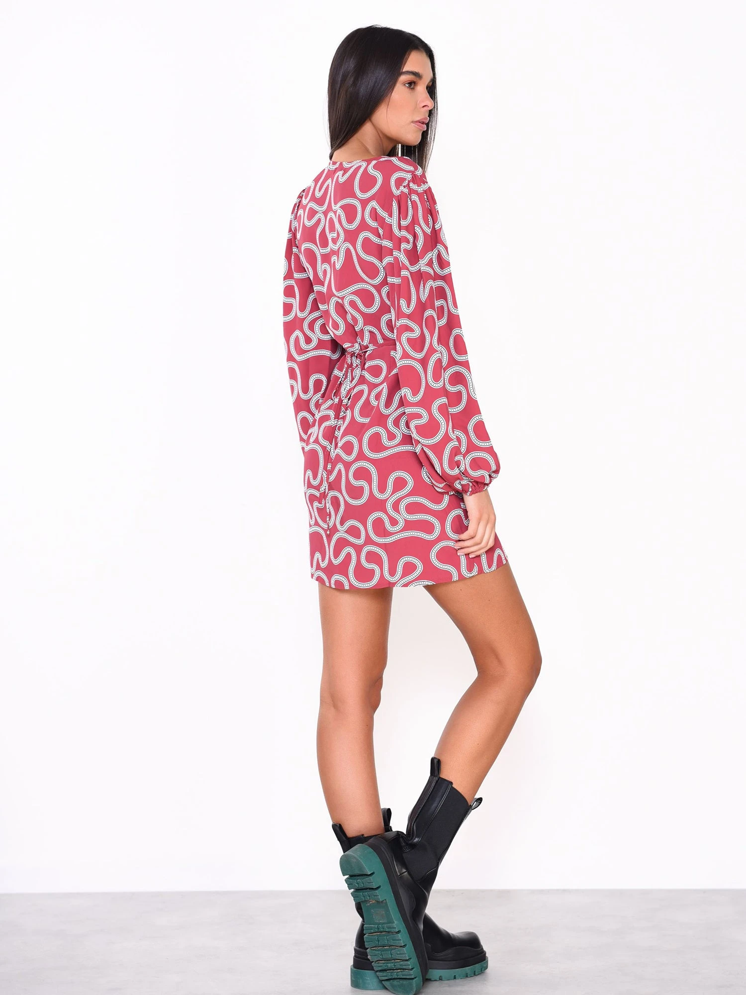 Glamorous Red Abstract Print Long Sleeve Wrap Mini Dress 5 Glamorous Red Abstract Print Long Sleeve Wrap Mini Dress - Image 5