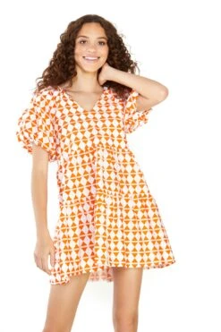 Glamorous Orange Diamond Geo V- Neck Shift Mini Dress -Cheap Softly Dressed Store bb4c045de13bf98319ad00f2fd1bf17b