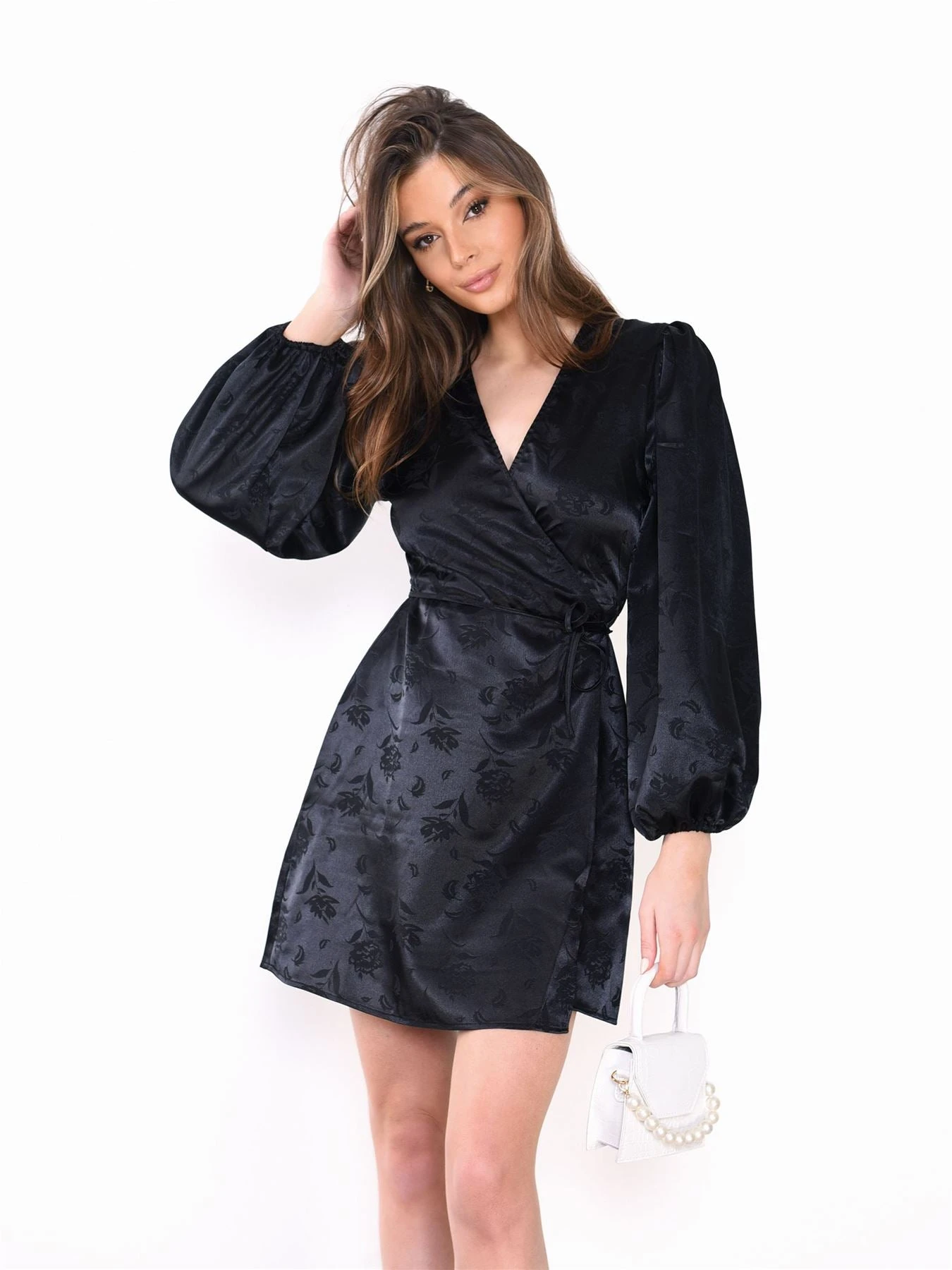 Glamorous Black-Satin Jacquard Wrap Mini-Dress 6 Glamorous Black-Satin Jacquard Wrap Mini-Dress - Image 6