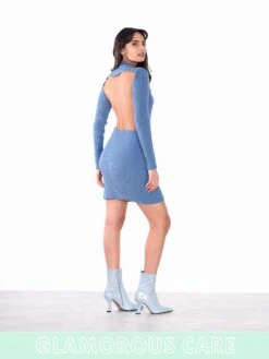 Glamorous Care Stone Blue High Neck Long Sleeve Backless Ribbed Mini Dress -Cheap Softly Dressed Store bluemid2