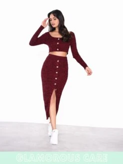 Glamorous Care Plum Melange Front Split Button Front Midi Skirt -Cheap Softly Dressed Store burgskirt1