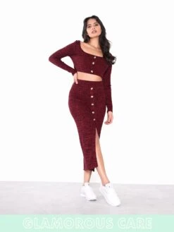 Glamorous Care Plum Melange Front Split Button Front Midi Skirt -Cheap Softly Dressed Store burgskirt2
