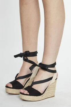 Glamorous Black Open Toe Lace Up Heeled Wedges
