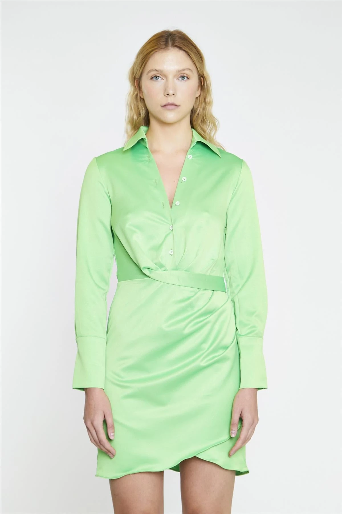 Glamorous Bright-Green Wrapped Shirt Mini-Dress 1 Glamorous Bright-Green Wrapped Shirt Mini-Dress