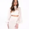 Glamorous Champagne Sheer Puff Sleeve High Neck Crop Top