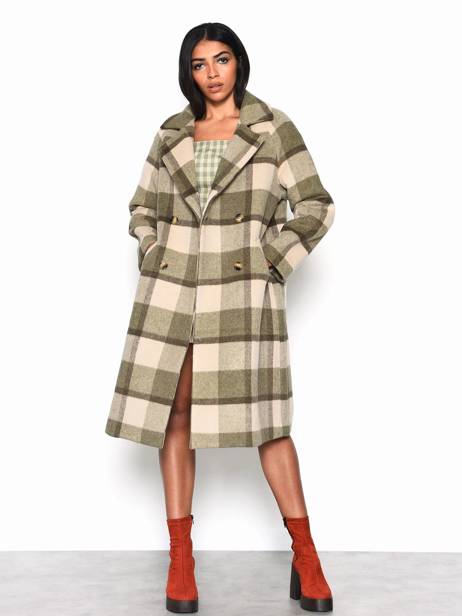Glamorous Olive Beige Check Longline Coat 1 Glamorous Olive Beige Check Longline Coat