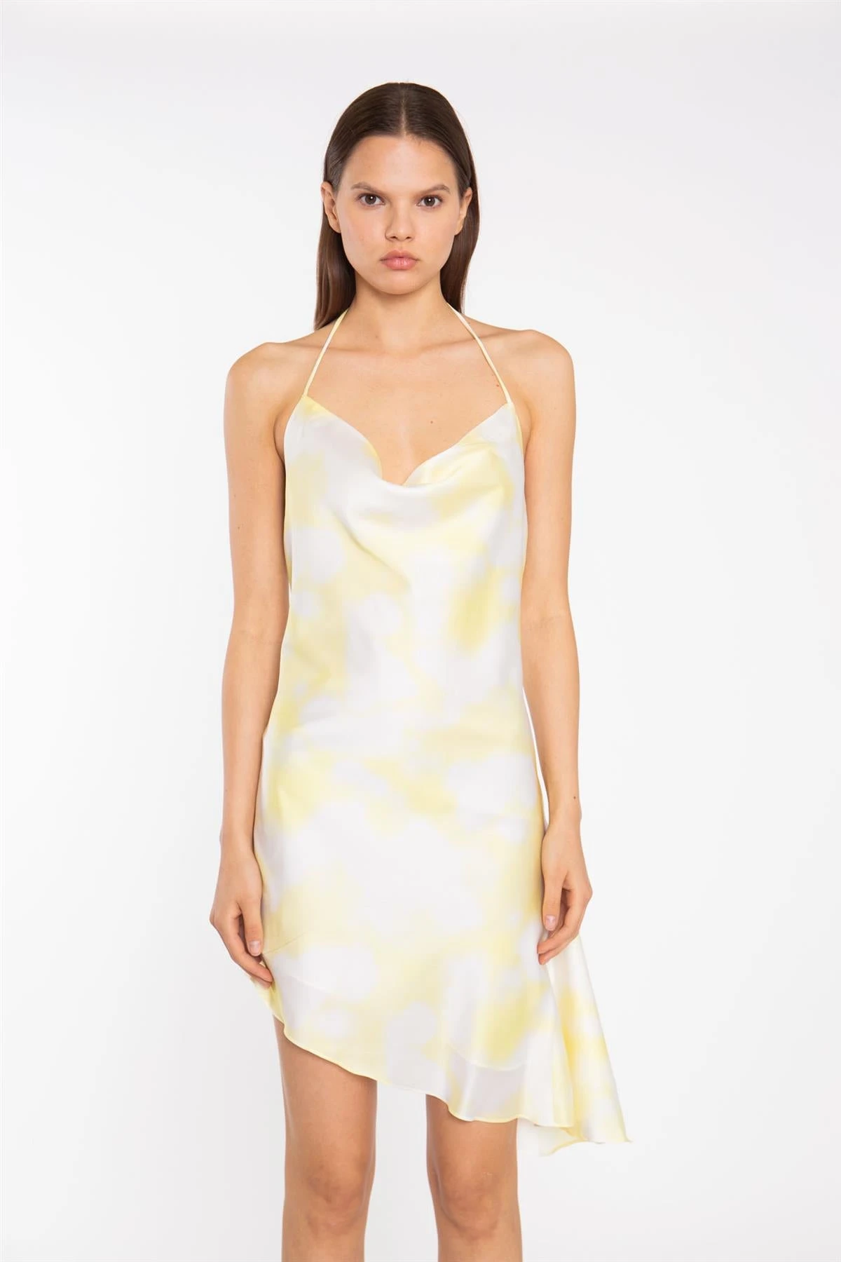 Glamorous Yellow Print-Satin Asymmetric Cowl-Neck Mini-Dress 1 Glamorous Yellow Print-Satin Asymmetric Cowl-Neck Mini-Dress
