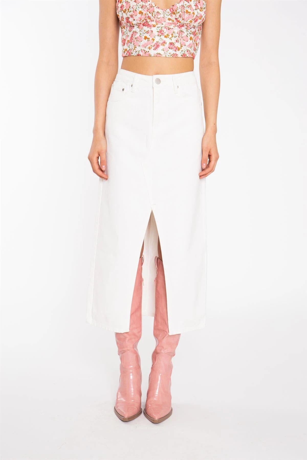Glamorous Off White Centre-Split Denim Maxi-Skirt 1 Glamorous Off White Centre-Split Denim Maxi-Skirt