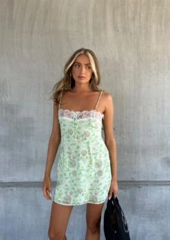 Glamorous Cleo Lace Trim Mini Dress -Green Watercolour Flower