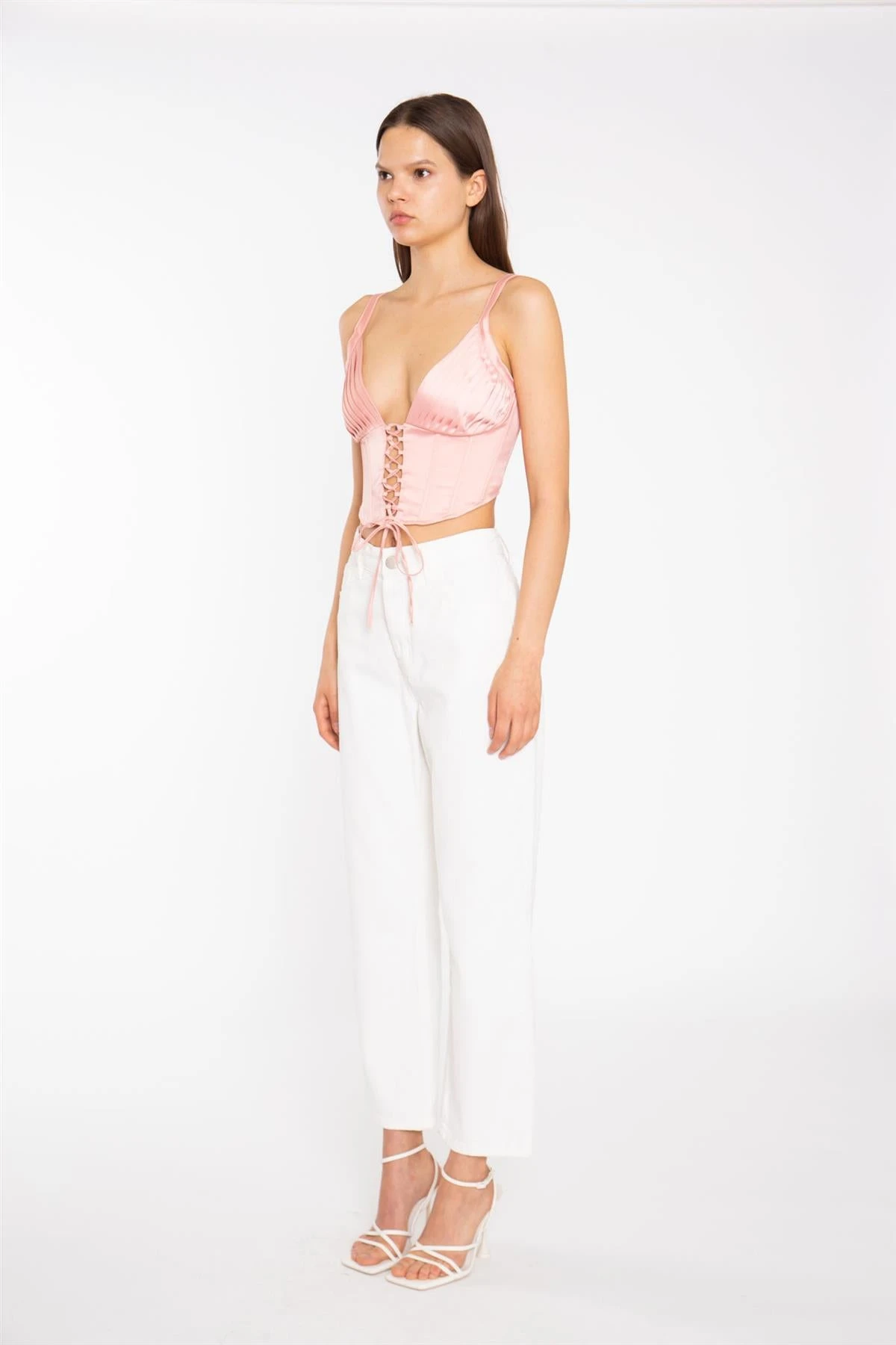 Glamorous Coral Pink Pleated Bust Lace-Up Corset-Top 4 Glamorous Coral Pink Pleated Bust Lace-Up Corset-Top - Image 4