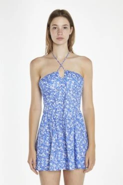Glamorous Blue Watercolour-Floral Halterneck Corset Mini-Dress