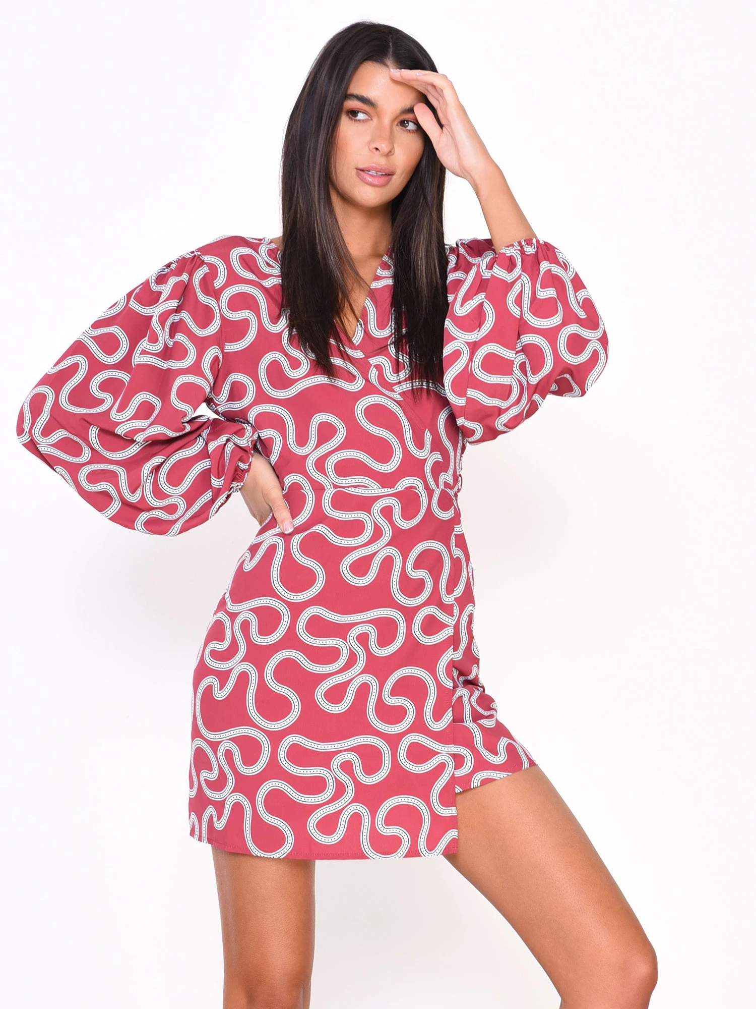 Glamorous Red Abstract Print Long Sleeve Wrap Mini Dress 3 Glamorous Red Abstract Print Long Sleeve Wrap Mini Dress - Image 3