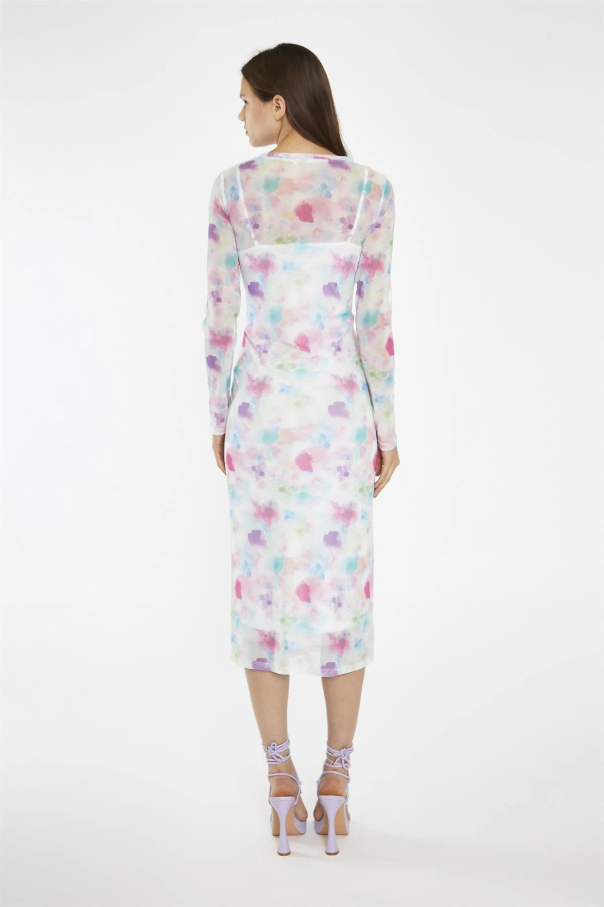 Glamorous Watercolour-Floral Mesh Long Sleeve Midi-Dress 2 Glamorous Watercolour-Floral Mesh Long Sleeve Midi-Dress - Image 2