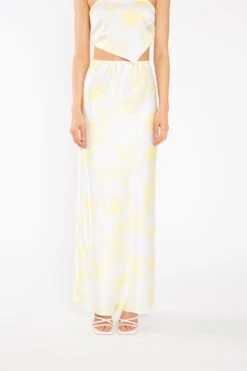Glamorous Yellow Print-Satin Bias-Cut Maxi-Skirt