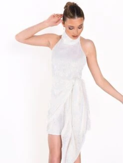 Glamorous White Iridescent Sequin High Neck Backless Drape Skirt Detail Mini Dress -Cheap Softly Dressed Store fbdca8f680d1aa968560573cc990a0d2