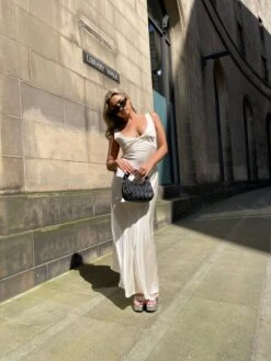 Glamorous Dark-Cream Satin V-Neck Midaxi-Dress