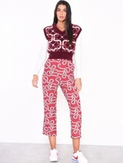 Glamorous Burgundy Pattern V-Neck Sleeveless Jumper -Cheap Softly Dressed Store j1