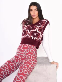 Glamorous Burgundy Pattern V-Neck Sleeveless Jumper